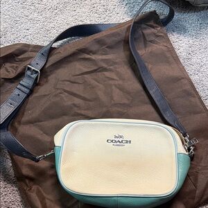 Coach Two-Tone Pebbled Leather Crossbody in Cream & Teal with Navy Strap